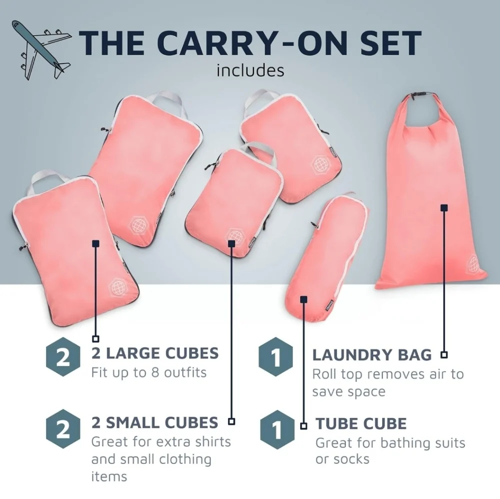 TRIPPED Compression Packing Cubes - 6-Piece Travel Essential Set - Dusty Rose